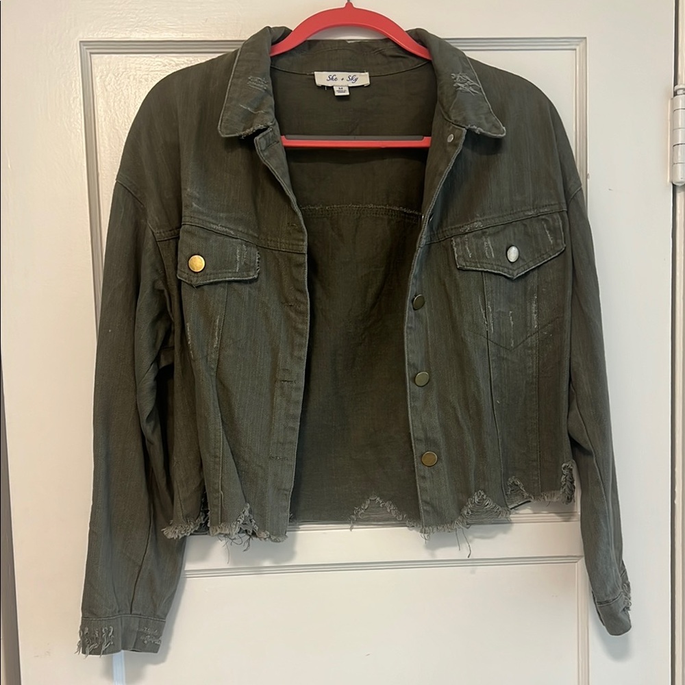 Olive Green Cropped Denim Jacket